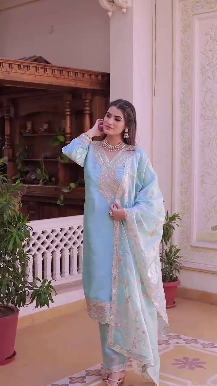 Women's Silk Heavy Embroidery Sequence Work Top-Bottom Straight Kurti With Pant and Dupatta set - Image 6