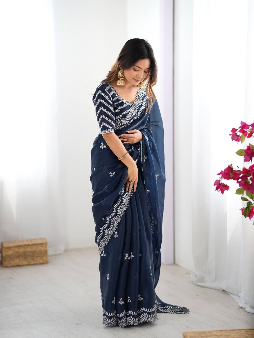 Women's Elegant Regal Purple Georgette Saree with Intricate Silver Thread & Sequin Embroidery – Complete with Embellished Blouse Piece for Festive & Party Wear - Image 12