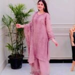 Women's Faux Georgette Embroidery work Straight Kurti With Pant and Dupatta Set