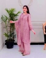 Women's Faux Georgette Embroidery work Straight Kurti With Pant and Dupatta Set