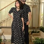 Couple Matching Black Cotton Anarkali Midi Dress and Shirt Set ? Vertical Vine Block Print