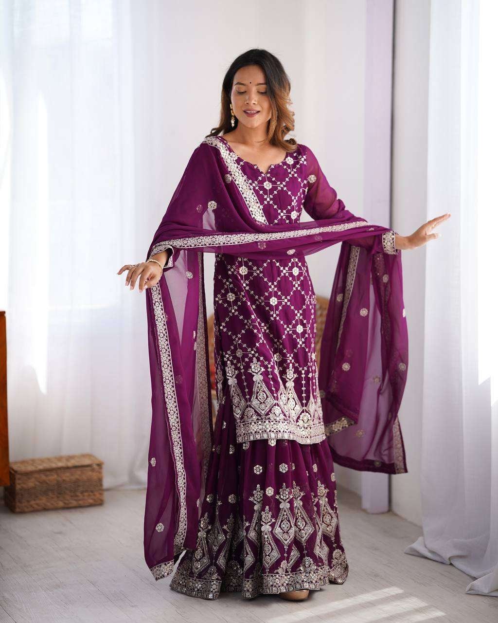 2wnWsJ.jpg Women's Georgette Embroidery Work Straight Kurta With Sharara Suit and Dupatta Set - Image 1