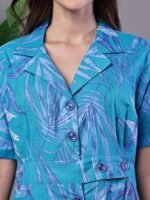 Women's Blue Floral Cotton Pleated Midi Dress with Collar - Image 5