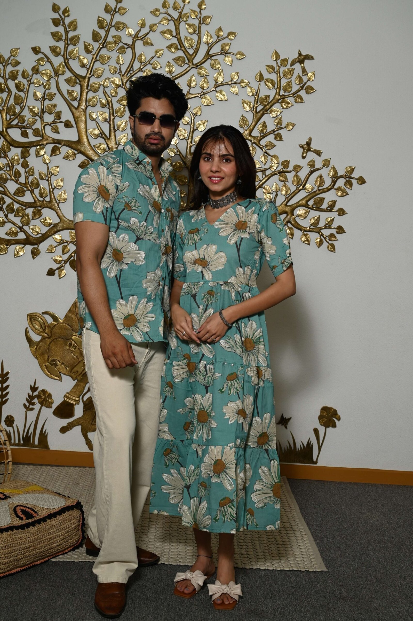 4U3ra5-scaled-1.jpg Couple Matching Teal-Blue floral Printed Cotton Anarkali Midi Dress & Shirt Set ? Summer Casual Wear - Image 1