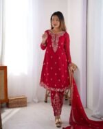 Women's Georgette Embroidery Straight Kurti with Pant And Dupatta Set - Image 2