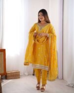 Women's Chinon Silk Embroidered Straight Kurti with Pant And Dupatta Set - Image 3