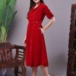 Women's Red Velvet Solid Printed Shirt Midi Dress with Belt