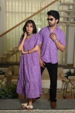 Couple Matching Purple Cotton Anarkali Midi Dress and Shirt Set ? Geometric Wave Print - Image 2