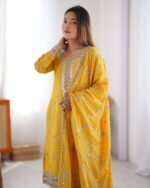 Women's Chinon Silk Embroidered Straight Kurti with Pant And Dupatta Set - Image 5