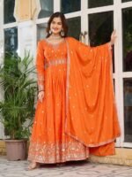 Women's American Silk Sequence Embroidery Long Anarkali Kurti (Gown) With Dupatta - Image 9