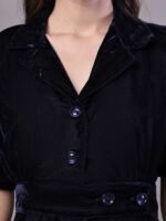 Women's Black Velvet Solid Printed Shirt Midi Dress with Belt - Image 5
