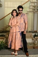 Couple Matching Peach Printed Cotton Anarkali Midi Dress & Shirt Set ? Summer Casual Wear