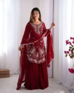 Women's Faux Georgette Sequins & Thread Work Straight Kurta With Sharara Suit and Dupatta Set - Image 9