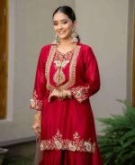 Women's Chinon Silk Sequence Embroidery Work Straight Kurti With Sharara Suit and Dupatta Set - Image 2