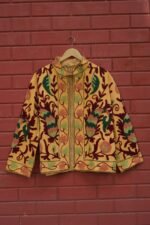 Womens Yellow Velvet Embroidered Jacket with Floral Design