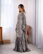 Women's Chinon Silk Embroidery Sequence Work Straight Kurti With Sharara Suit and Dupatta Set - Image 7