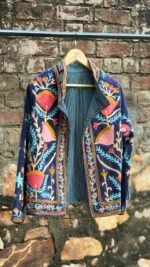 Womens Navy Blue Velvet Embroidered Jacket with Floral Design - Image 3