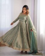 Women's Fandy Silk Coding with Sequnce work Long Anarkali Kurti Gown With Dupatta - Image 6