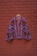 Womens Pink Velvet Embroidered Jacket with Floral Design - Image 2