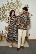 Couple Matching Black & Beige Cotton Anarkali Midi Dress and Shirt Set ? Leaf Print Twinning Outfit - Image 3