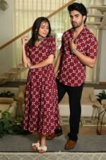 Couple Matching Maroon Cotton Anarkali Midi Dress and Shirt Set ? White Floral Print - Image 2