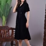 Women's Black Velvet Solid Printed Shirt Midi Dress with Belt