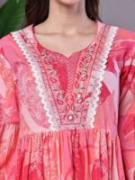 Wome's Pink Floral Printed Cotton A-Line Dress with Embroidered Yoke Midi Dresses - Image 5