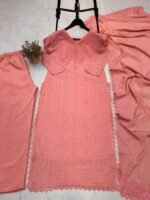 Women's Chinon Silk with Cotton Thread Embroidery Straight Kurti With Pant and Dupatta set - Image 4
