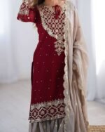 Women's Faux Georgette Sequins Embroidered Straight Kurta With Sharara Suit and Dupatta Set - Image 3