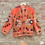 Womens Orange Velvet Embroidered Jacket with Floral Design
