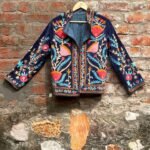 Womens Navy Blue Velvet Embroidered Jacket with Floral Design