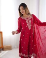 Women's Georgette Embroidery Straight Kurti with Pant And Dupatta Set - Image 5