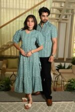 Couple Matching Green Cotton Anarkali Midi Dress and Shirt Set ? Arrow Print