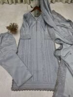 Women's Chinon Silk with Cotton Thread Embroidery Straight Kurti With Pant and Dupatta set - Image 8