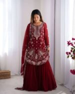 Women's Faux Georgette Sequins & Thread Work Straight Kurta With Sharara Suit and Dupatta Set - Image 8