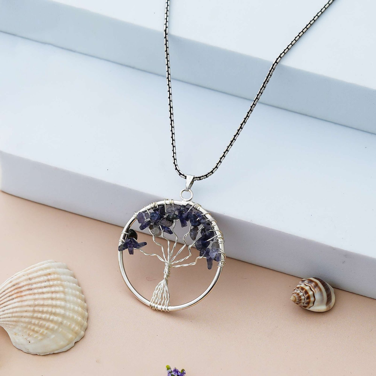ZH543C.jpg Sodalite Pendant Tree of Life Crystal Stone Pendant Locket with Metal Chain for Healing Crystal Healing Gemstone Size 35-40 mm soda lite - Image 1
