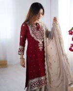 Women's Faux Georgette Sequins Embroidered Straight Kurta With Sharara Suit and Dupatta Set - Image 2