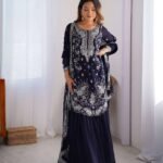 Women's Faux Georgette Sequins & Thread Work Straight Kurta With Sharara Suit and Dupatta Set