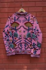 Womens Pink Velvet Embroidered Jacket with Floral Design