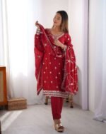 Women's Chinon Silk Embroidered Straight Kurti with Pant And Dupatta Set - Image 6