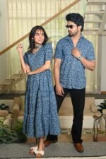 Couple Matching Blue Cotton Anarkali Midi Dress and Shirt Set ? Geometric Block Print - Image 2