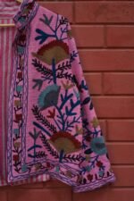 Womens Pink Velvet Embroidered Jacket with Floral Design - Image 4