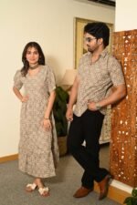 Couple Matching Beige Cotton Anarkali Midi Dress and Shirt Set ? Swirl Block Print - Image 2