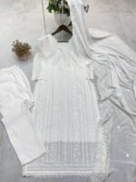 Women's Chinon Silk with Cotton Thread Embroidery Straight Kurti With Pant and Dupatta set - Image 21