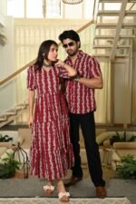 Couple Matching Red Cotton Anarkali Midi Dress and Shirt Set ? Vertical Vine Block Print - Image 3