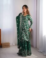 Women's Chinon Silk Embroidery Sequence Work Straight Kurti With Sharara Suit and Dupatta Set - Image 4