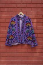 Womens Dark Purple Velvet Embroidered Jacket with Floral Design - Image 5