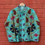 Womens Teal Blue Velvet Embroidered Jacket with Floral Design