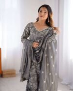 Women's Chinon Silk Embroidery Sequence Work Straight Kurti With Sharara Suit and Dupatta Set - Image 10