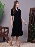 Women's Black Velvet Solid Printed Shirt Midi Dress with Belt - Image 4